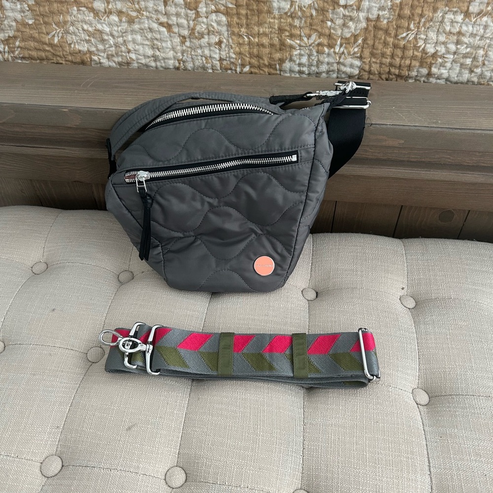 Gray Quilted Crossbody Bag with Colorful Strap